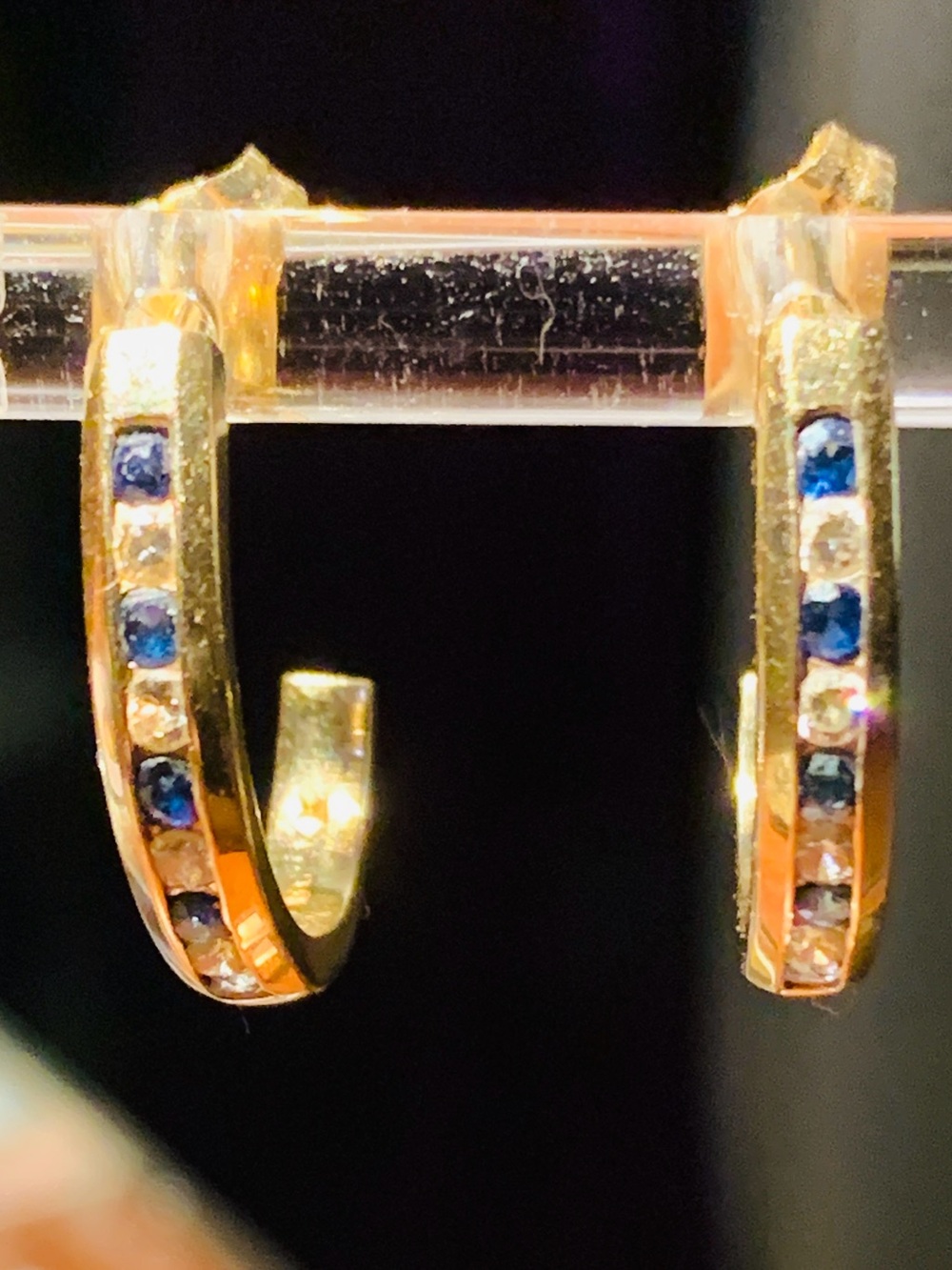 Vintage Blue Sapphire & Diamond Channel Hoop Earrings 3.21 grams